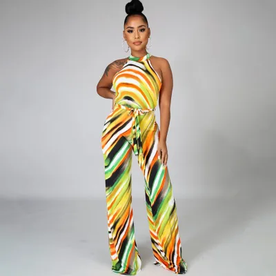 S-XL Women Casual Multicolor Halter Neck Sleeveless Lace-up Jumpsuit