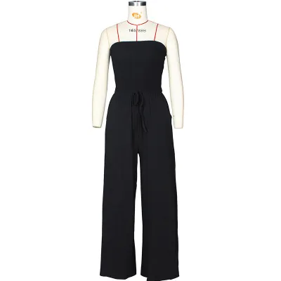 S-XL Women Solid Color Sexy Strapless Crease Lace-up Loose Jumpsuit