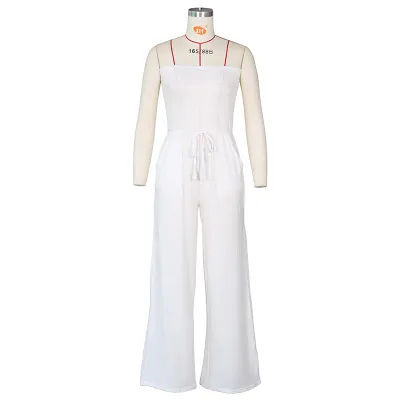 S-XL Women Solid Color Sexy Strapless Crease Lace-up Loose Jumpsuit