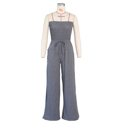 S-XL Women Solid Color Sexy Strapless Crease Lace-up Loose Jumpsuit