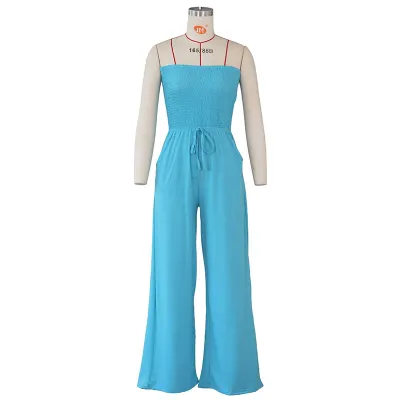 S-XL Women Solid Color Sexy Strapless Crease Lace-up Loose Jumpsuit