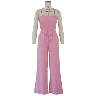 S-XL Women Solid Color Sexy Strapless Crease Lace-up Loose Jumpsuit