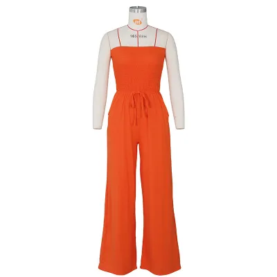 S-XL Women Solid Color Sexy Strapless Crease Lace-up Loose Jumpsuit