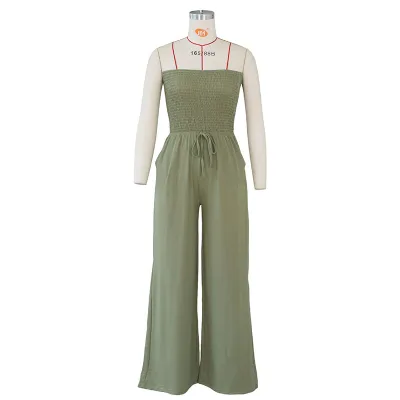 S-XL Women Solid Color Sexy Strapless Crease Lace-up Loose Jumpsuit