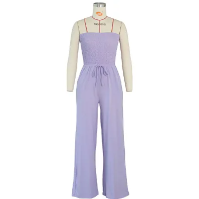 S-XL Women Solid Color Sexy Strapless Crease Lace-up Loose Jumpsuit