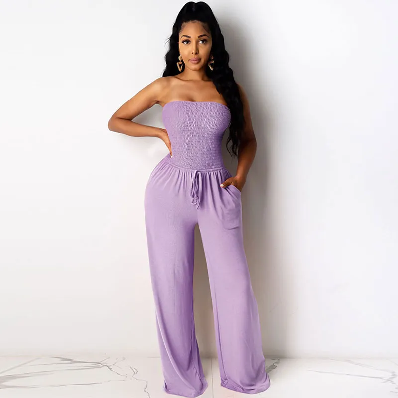 S-XL Women Solid Color Sexy Strapless Crease Lace-up Loose Jumpsuit