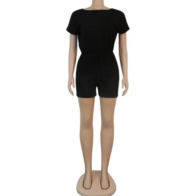 S-XL Women Casual Round Neck Short-sleeve Solid Color Lace-up Rompers