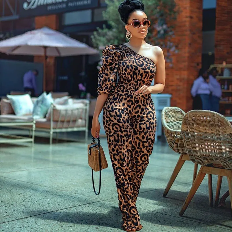 S-XL Women Sexy Leopard Print One-Sleeve Crease Jumpsuit