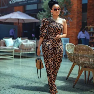 S-XL Women Sexy Leopard Print One-Sleeve Crease Jumpsuit