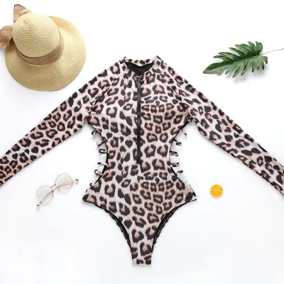 S-L Women Leopard Print Long-sleeve Zipper Patchwork One-piece Swimsuit