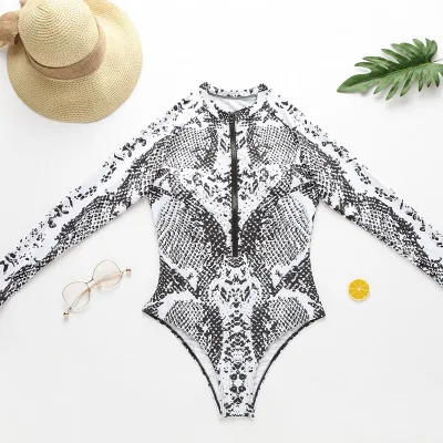 S-L Women Leopard Print Long-sleeve Zipper Patchwork One-piece Swimsuit