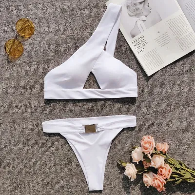 S-L Women Sexy Solid Color Metal Buckle One-Shoulder Hollow Bikini Two-Piece Set
