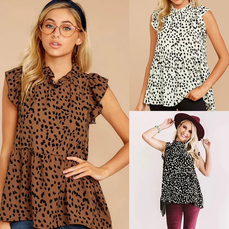 Casual Women's Polka Dot Print Ruffled Sleeveless Loose Blouse