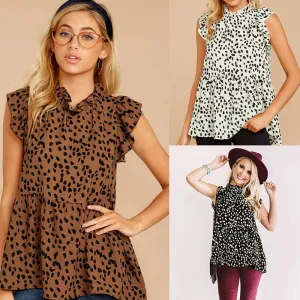 Casual Women's Polka Dot Print Ruffled Sleeveless Loose Blouse
