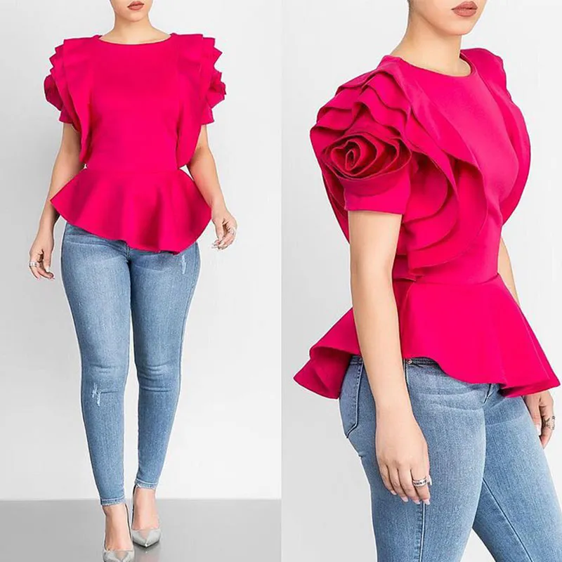 S-2XL Women Rose Design Flouncing Sleeve Blouse