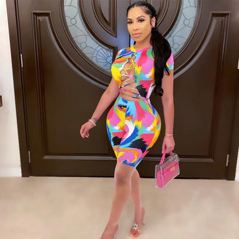 S-XXL Women Sexy Graffiti Print Bandage Short Sleeve Rompers