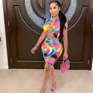 S-XXL Women Sexy Graffiti Print Bandage Short Sleeve Rompers