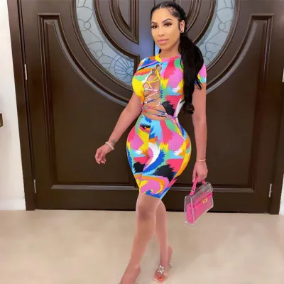 S-XXL Women Sexy Graffiti Print Bandage Short Sleeve Rompers