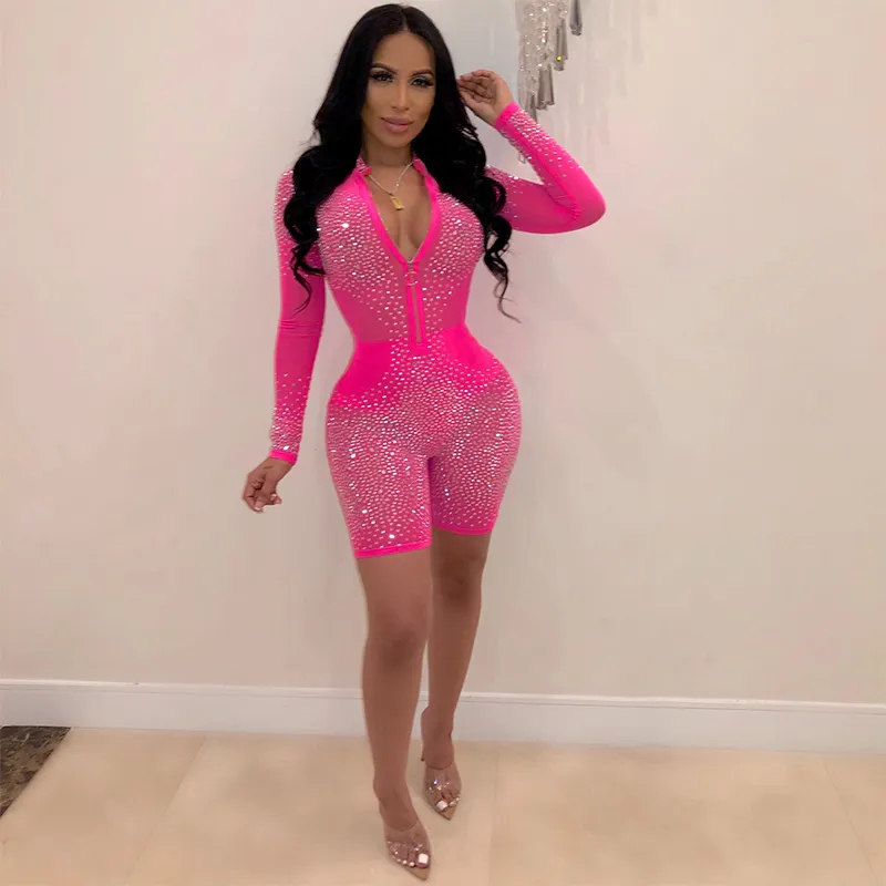 S-XL Women Sexy Rhinestone Mesh Zipper Long-sleeve Rompers