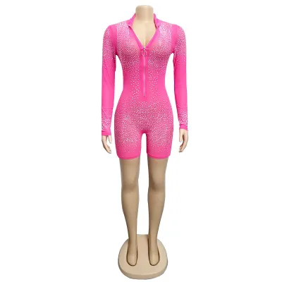 S-XL Women Sexy Rhinestone Mesh Zipper Long-sleeve Rompers
