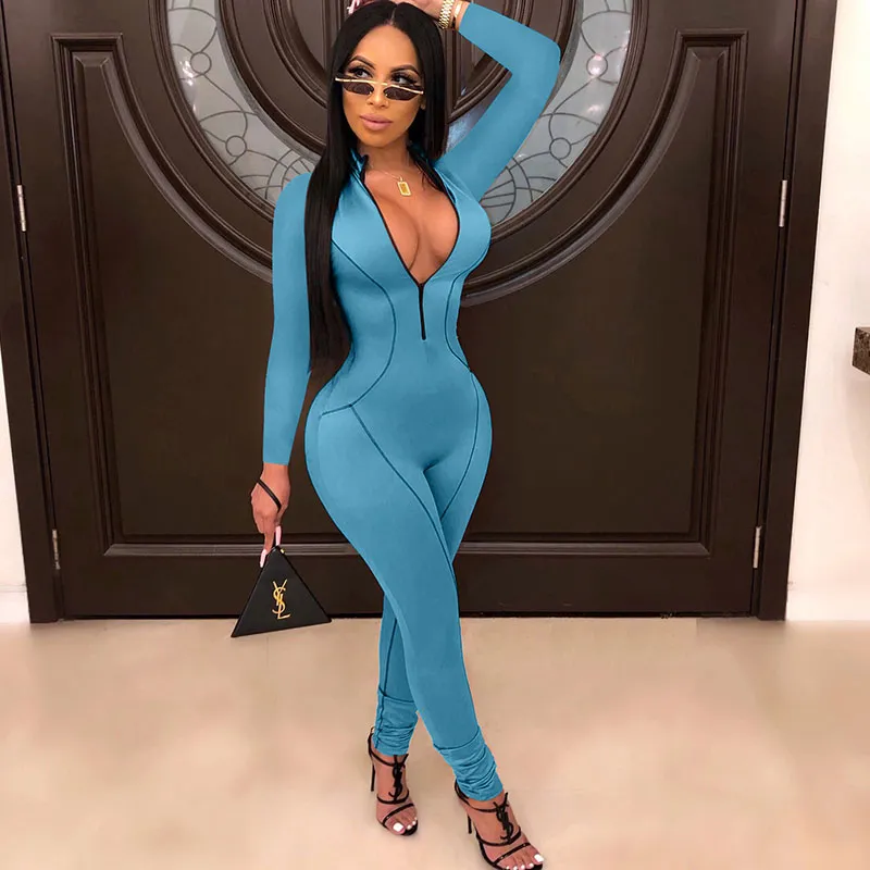 S-XXL Women Fashion Solid Color Zipper Patchwork Long Sleeve Slim Jumpsuit