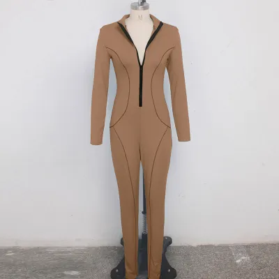 S-XXL Women Fashion Solid Color Zipper Patchwork Long Sleeve Slim Jumpsuit