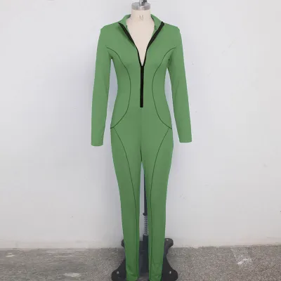 S-XXL Women Fashion Solid Color Zipper Patchwork Long Sleeve Slim Jumpsuit