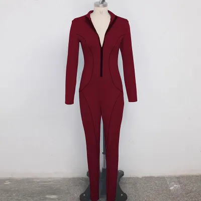 S-XXL Women Fashion Solid Color Zipper Patchwork Long Sleeve Slim Jumpsuit