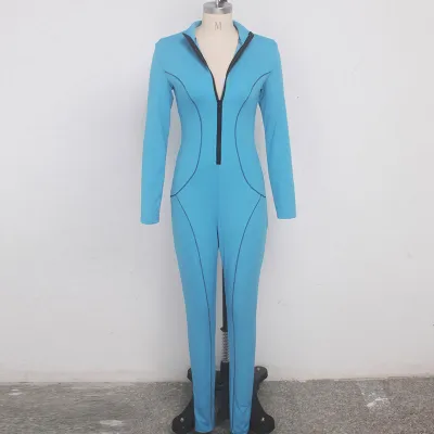 S-XXL Women Fashion Solid Color Zipper Patchwork Long Sleeve Slim Jumpsuit