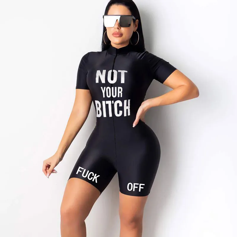 S-XXL Women Letter Print Zipper Short Sleeve Rompers