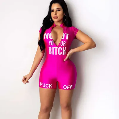 S-XXL Women Letter Print Zipper Short Sleeve Rompers