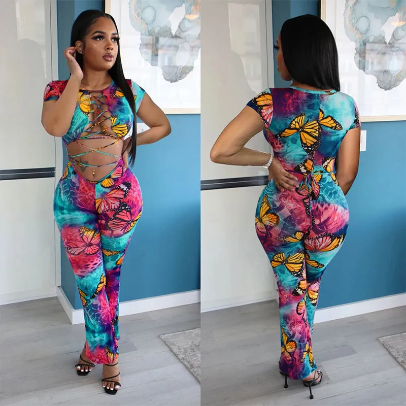 S-XXL Women Sexy Butterfly Print Hollow Bandage Short-sleeve Rompers