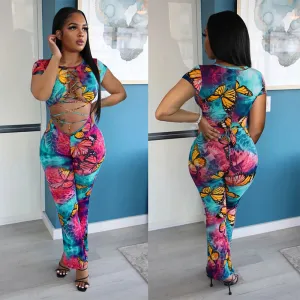 S-XXL Women Sexy Butterfly Print Hollow Bandage Short-sleeve Rompers