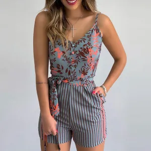 S-XL Women Casual V-neck Leaf Print Lace-up Striped Rompers