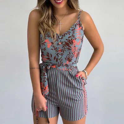 S-XL Women Casual V-neck Leaf Print Lace-up Striped Rompers