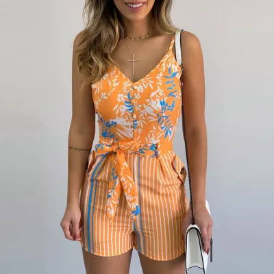 S-XL Women Casual V-neck Leaf Print Lace-up Striped Rompers