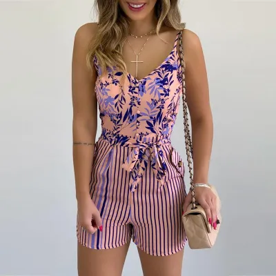 S-XL Women Casual V-neck Leaf Print Lace-up Striped Rompers
