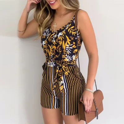 S-XL Women Casual V-neck Leaf Print Lace-up Striped Rompers