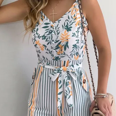 S-XL Women Casual V-neck Leaf Print Lace-up Striped Rompers