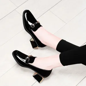 Women Genuine Leather Square Toe Chunky Heel Shoes with Metal Buckle