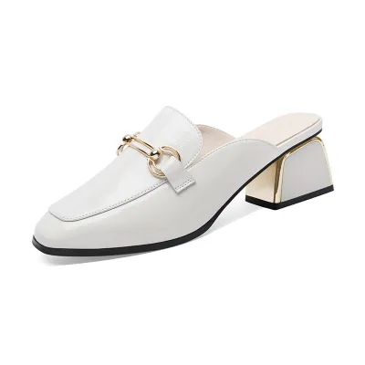 Women Genuine Leather Square Toe Chunky Heel Shoes with Metal Buckle