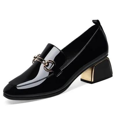 Women Genuine Leather Square Toe Chunky Heel Shoes with Metal Buckle