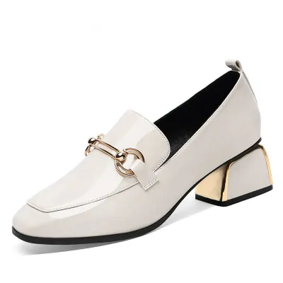 Women Genuine Leather Square Toe Chunky Heel Shoes with Metal Buckle
