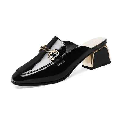 Women Genuine Leather Square Toe Chunky Heel Shoes with Metal Buckle