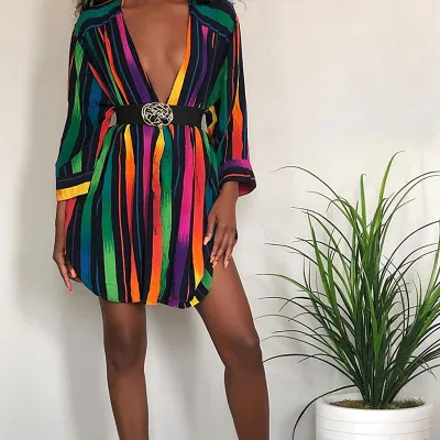 S-XXL Women Rainbow Striped Lapel Single Breasted Long Sleeve Casual Blouse