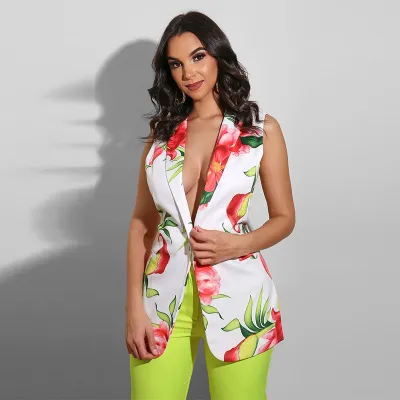 S-2XL Women Sexy Floral Print Sleeveless Blazer Street Style