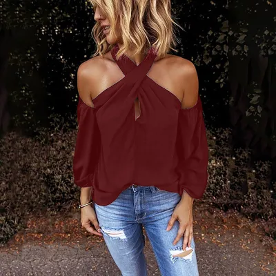 S-2XL Women Sexy Solid Color Cross Halterneck Cool-shoulder Zipper Blouse