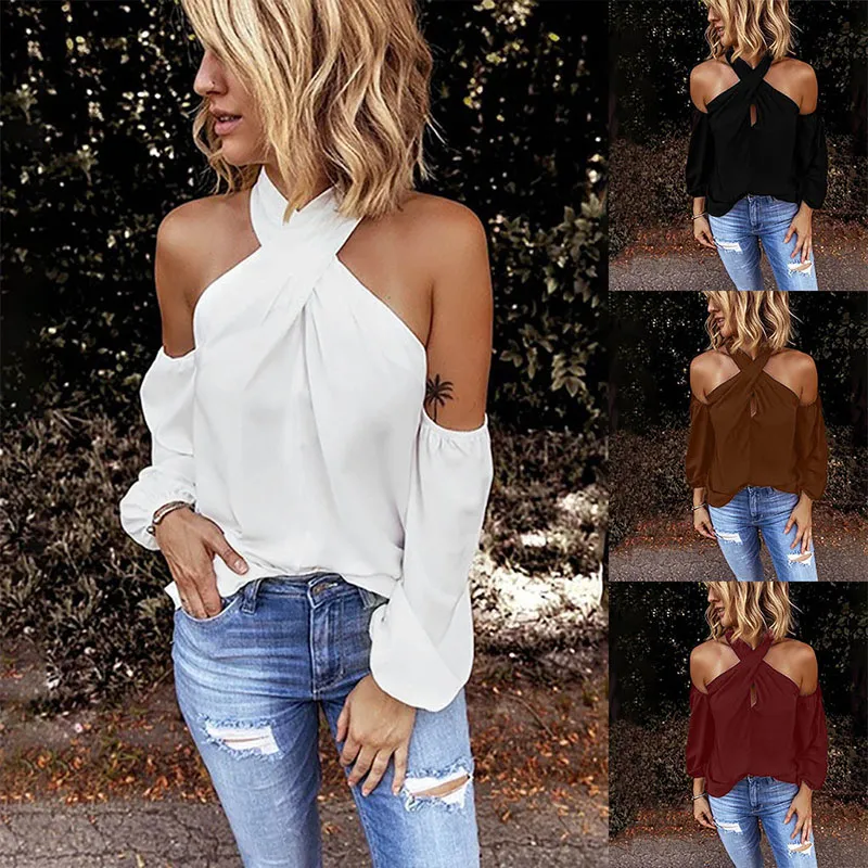 S-2XL Women Sexy Solid Color Cross Halterneck Cool-shoulder Zipper Blouse