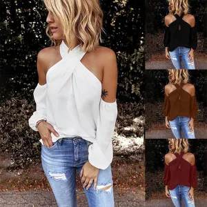 S-2XL Women Sexy Solid Color Cross Halterneck Cool-shoulder Zipper Blouse