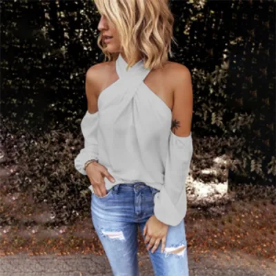 S-2XL Women Sexy Solid Color Cross Halterneck Cool-shoulder Zipper Blouse